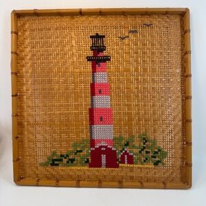 Embroidered Handmade Lighthouse On Basket Serving Square 17" x 17" Coastal Decor